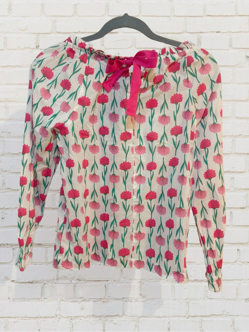 Cotton Cottagecore J.Crew white and Pink Floral Back Tie Blouse